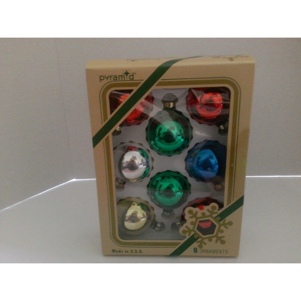 Pyramid /Rauch brand glass Christmas ornaments 8 ornaments 2" multi color 1990